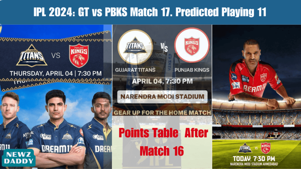 IPL 2024 GT vs PBKS Match 17. Points Table - Predicted Playing 11