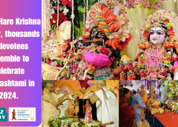 At the Hare Krishna Mandir, thousands of devotees assemble to celebrate Janmashtami in 2024.