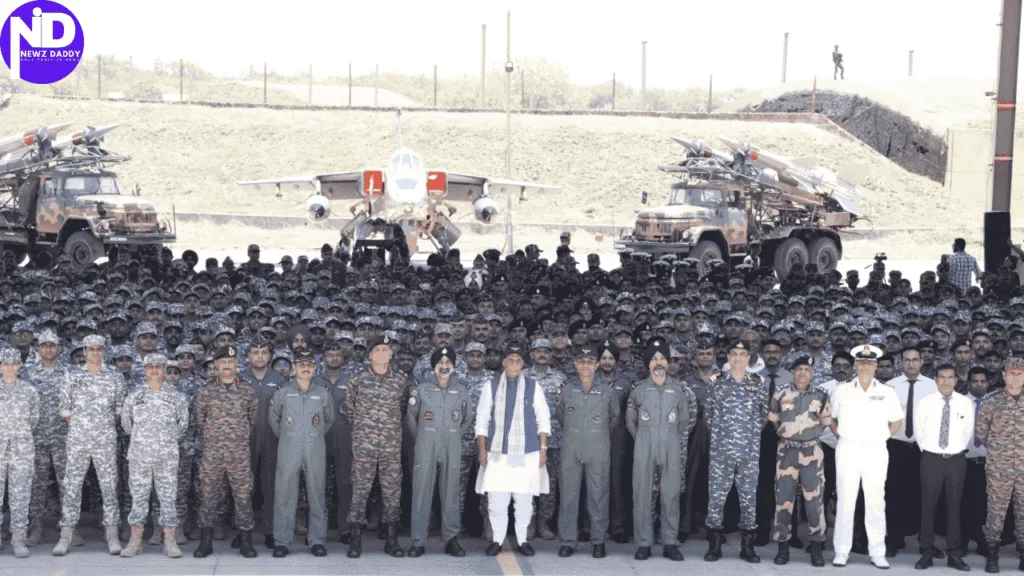 RM Rajnath Singh with IAF Chief at Bhuj Air base camp