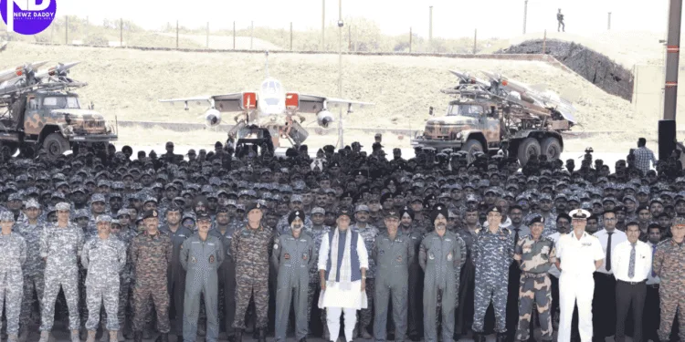 RM Rajnath Singh with IAF Chief at Bhuj Air base camp